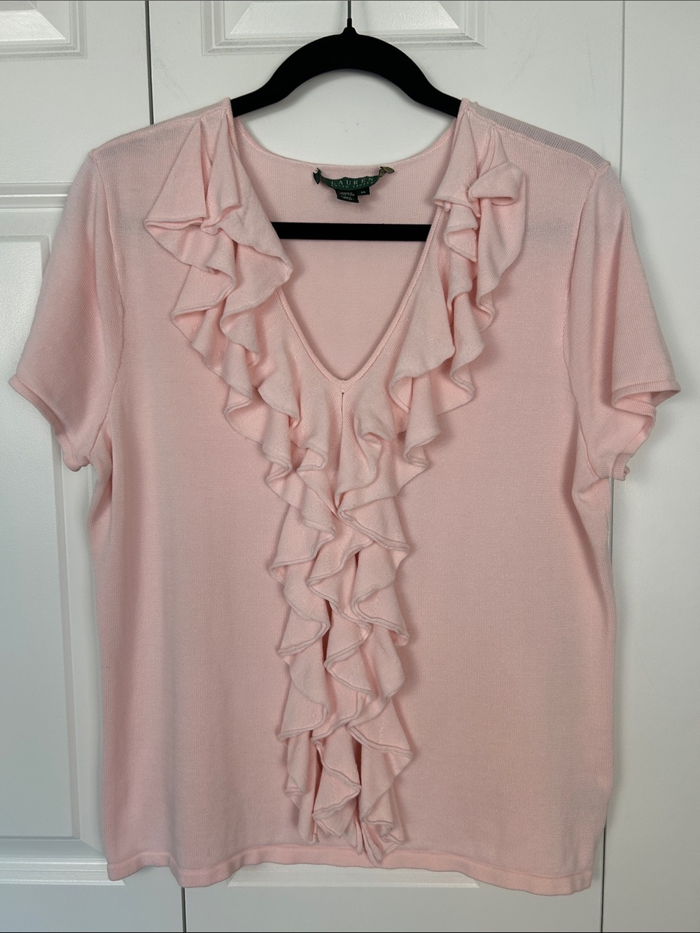 Ralph Lauren Light Pink Ruffle V-Neck Short Sleeve Top Size XL